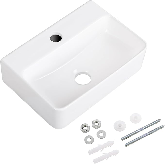 Small Vessel Sink 14"x10" Wall Mount Bathroom Sink Rectangular White Porcelain Ceramic Mini Floating Tiny Bathroom Wall Mounted RV Sink