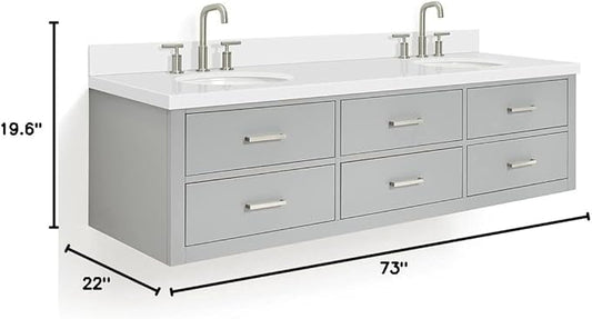 ARIEL Hutton 73 in. Double Oval Sink Floating Wall Vanity with 1.5" Inch White Quartz Countertop in Grey