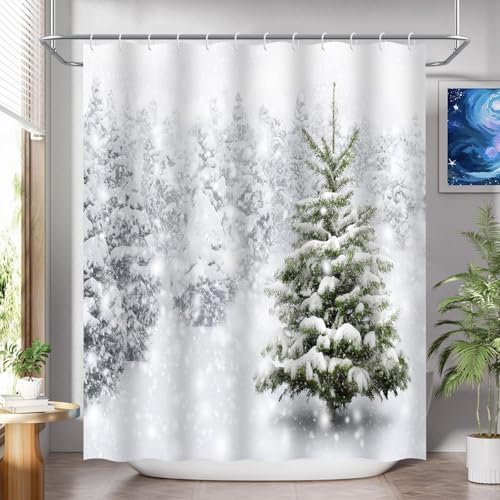 Onalasyc 4-Piece Christmas Shower Curtain Set,Winter Christmas Tree Snowflake Shower Curtains Holiday Bathroom Set with Shower Curtain and Rugs Waterproof Durable Fabric Bathtub Sets Home Decor,White