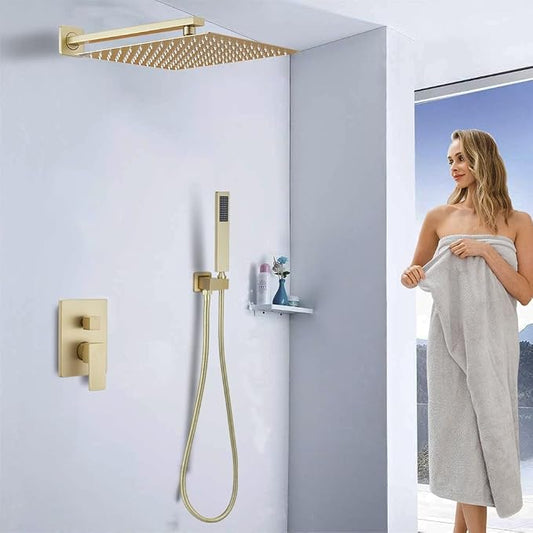 Shower Faucet Set 16 Inch Wall Mount Rain Shower System, All Metal Shower Fixtures - Brushed Gold