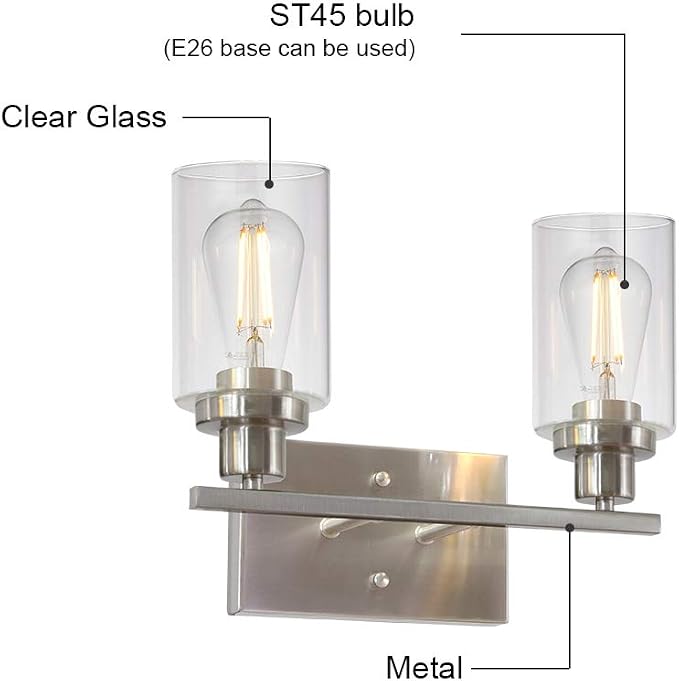 MELUCEE 2 Heads Bathroom Light Fixtures Brushed Nickel | Metal Wall Lights with Clear Glass Shade Modern Vanity Lights Sconces for Hallway Bedroom Kitchen (Patent No.: US D963914 S)