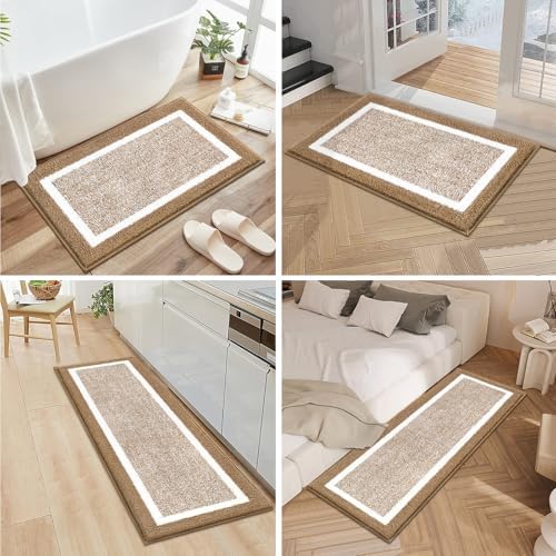 Pauwer Bathroom Rugs 3 Piece Set, Non Slip Washable Bath Mat, Khaki