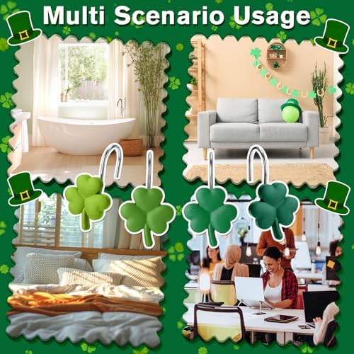 Thyle 12 Pcs St Patrick's Day Shamrock Shower Curtain Hooks, Clover Resin Ornament Rings Green Shamrock Curtain Hangers Irish Decorative Rings Accessories for Home Holiday Bathroom Restroom Decor