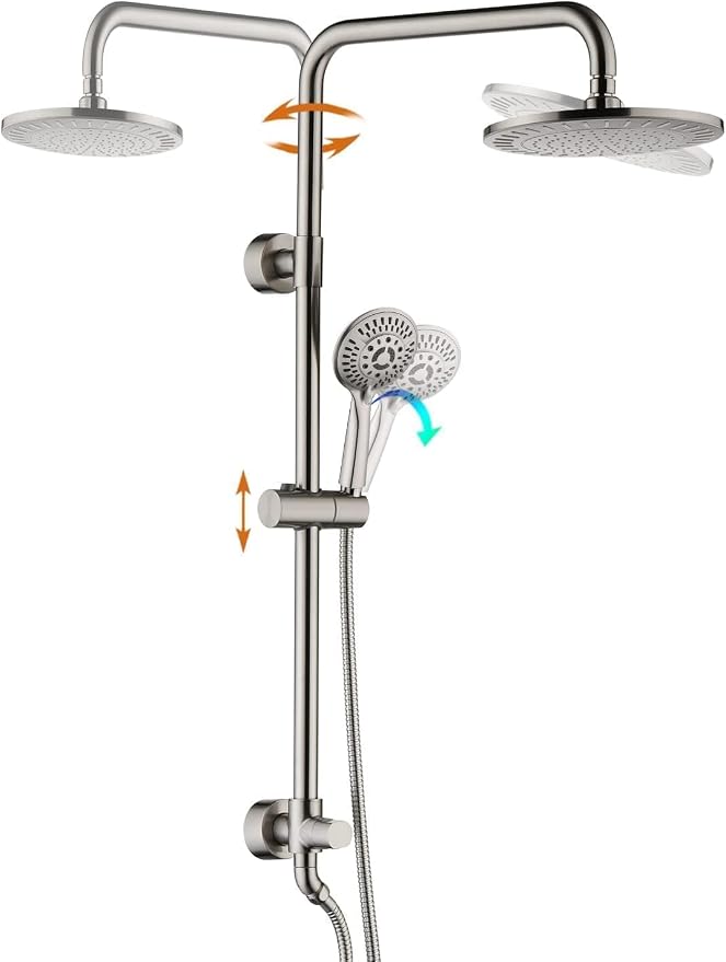 BRIGHT SHOWERS Rain Shower Heads System Including Rainfall Shower Head and Handheld Shower Head with Height Adjustable Holder, Solid Brass Rail, 60 Inch Long Stainless Steel Hose, Brushed Nickel