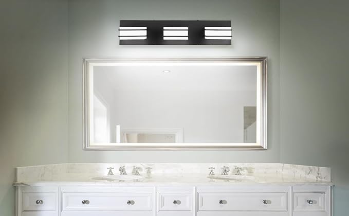 GOODATE 3 Color Temperature Dimmable Bathroom Light Fixtures Over Mirror, LED Black 3 Light Vanity Lighting Fixtures, Acrylic Stainless Steel Square Shade Vanity Lights for Bathroom, ETL Certificated