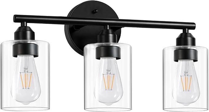 3-Light Black Modern Bathroom Vanity Light Fixtures, 17.3" | Glass Shade, For Bathroom Mirror, Kitchen, Living Room, Bath, Metal