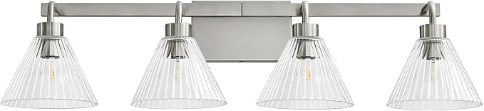 Brushed Nickel Bathroom Lighting Fixtures 4-Light Vanity Light Modern Bathroom Lights over Mirror with Ribbed Glass Shade 34 Inch Bathroom Vanity Lighting Fixtures for Bedroom Living Room Hallway