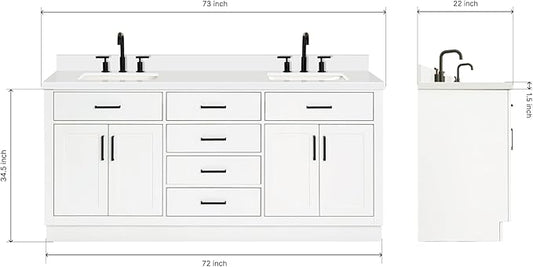 ARIEL Hepburn 72-inch Bathroom Vanity with Sink,Solid Wood, 1.5-inch Pure White Quartz Countertop & Backsplash, Double Rectangular Porcelain Sink, 4 Soft Closing Doors, 6 Dovetail Drawers, White