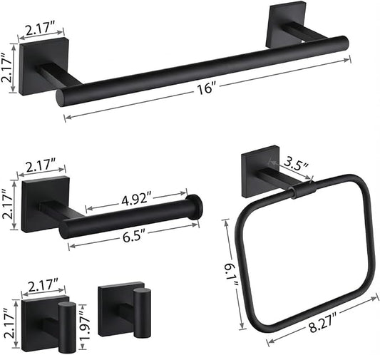 16 in 5-Piece Bathroom Hardware Set, Matte Black | SUS304 stainless steel, towel bar, towel ring, toilet paper holder, 2 robe hooks, hidden screw mount
