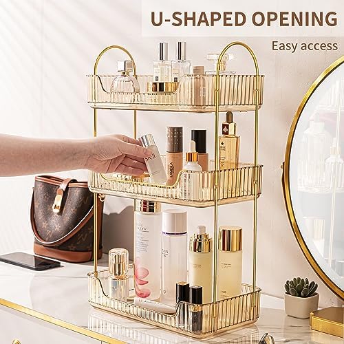 Akinbas 3 Tier Bathroom Organizer Countertop Makeup Perfume Tray Skincare Organizer for Bathroom Dresser Vanity (Gold)