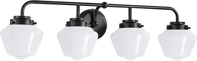 Bathroom Vanity Light Fixtures: 4-Light Matte Black Bathroom Lighting Fixtures Over Mirrors, Farmhouse Rustic Wall Sconce with Milky White Glass for Bath Living Room Cabinet