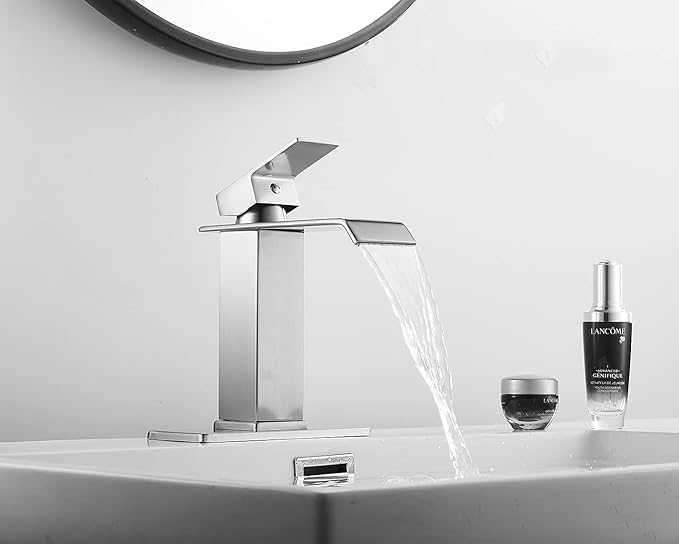 Bathroom Faucet Brushed Nickel Waterfall with Pop Up Drain Overflow Stopper Single Hole Vanity Sink Bath Lavatory One Handle Basin Mixer Tap with Supply Line Commercial Deck Mount