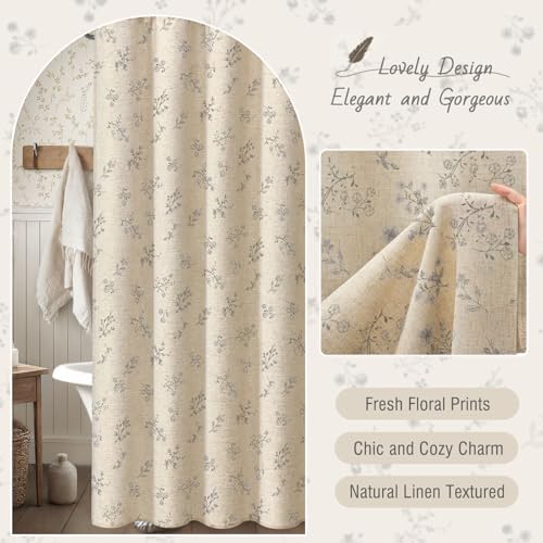 Grey Floral Farmhouse Vintage Linen Shower Curtain French Country 72Wx72H