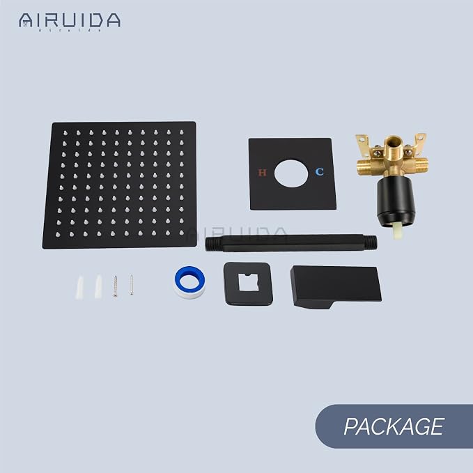 Airuida 10 Inch Matte Black Shower Faucet Set,Rainfall Shower System | Ceiling Shower Head,Male Thread Rough-in Valve,Ceiling Mount,Single Handle