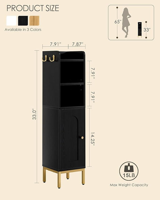Bathroom Storage Cabinet, Small Corner Floor Hutch with 2Hooks,Narrow Toilet Paper Cabinet with Adjustable Shelf,Morden Bathroom Organizer for Small Spaces,Black
