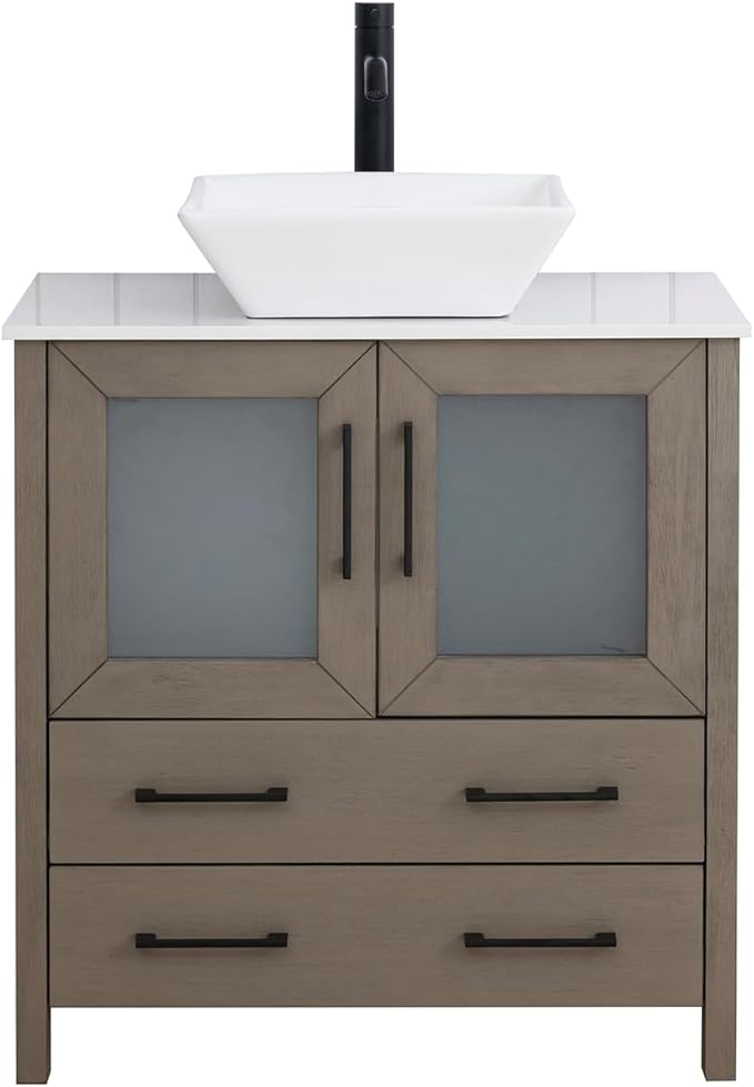 Vanity Art 30 Inch Vessel Single Sink Bathroom Vanity Cabinet with 1 Mirror, Engineered Marble Top Bathroom Cabinet Compact Set with 2 Dovetail Drawers and Soft Closing Doors, VA3130-DG