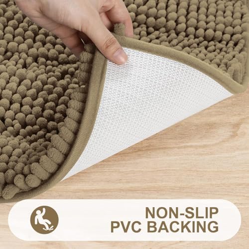 Grandaily Chenille Striped Bathroom Rugs 30x20, Extra Thick and Absorbent Bath Mats, Non-Slip Soft Plush Shaggy Shower Carpet, Machine Wash Dry, Bath Rug for Bathroom, (Medium, Tan)