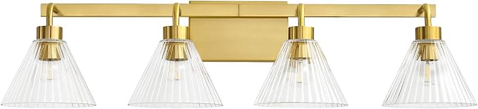 AIJIASI Bathroom Vanity Light Fixtures 4-Light Modern Vanity Lights for Bathroom Brass Gold Bathroom Lighting Fixtures Over Mirror with Ribbed Glass Shade for Bath Restroom 34 Inch