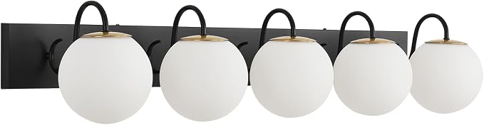 5 Lights Vintage Bathroom Vanity Light Fixtures Over Mirror, Matte Black Vanity Lights For Bathroom With Milk White Glass Globe Shade, Wall Lights For Bedroom, Hallway, Dressing Table(Includ G9 Bulbs)