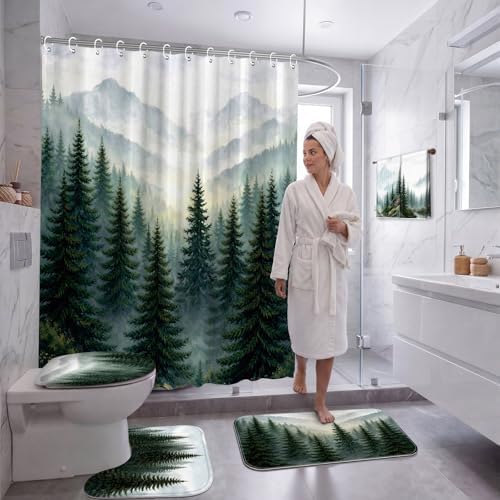 FuWeave 8 Pcs Green Forest Shower Curtain Set for Bathroom Decor Include Nature Misty Mountain Woodland Shower Curtain Towels Non Slip Rugs Toilet Lid Cover Bath Mat and 12 Hooks for Bathroom Decor