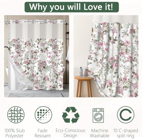 No Hook Shower Curtain with Snap in Liner 71x74 Inch