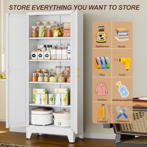 71" White Metal Storage Cabinet with 2 Doors and 4 Adjustable Shelves,Steel Garage Tool Cabinet, File Cabinet,Kitchen Pantry Cabinet for Home,Office,Garage,School,Warehouse