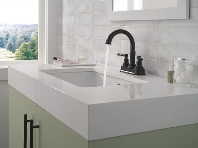 Delta Roe Centerset Matte Black Bathroom Faucet, 4 Inch 3 Hole Bathroom Sink Faucet for Vanity, Push-Pop Drain Assembly, Matte Black 25985LF-BL