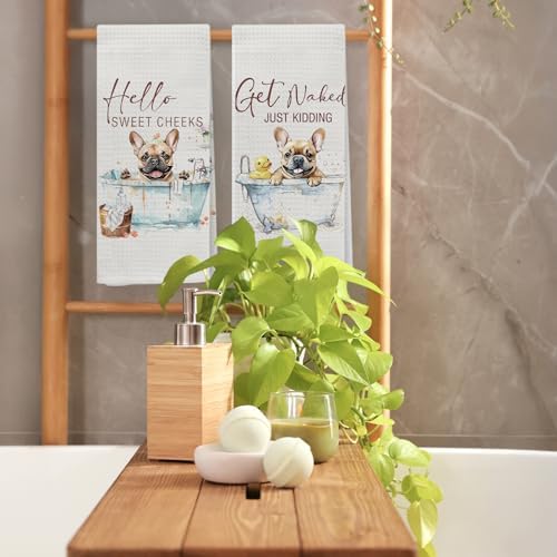 Funny Pug Hand Towels, Hello Sweet Cheeks Bathroom Decor, Pug Gifts for Pug Lovers, Pug Gifts Decorative Hand Towels for Bathroom Washroom Restroom, 16x24 Inch Set of 2
