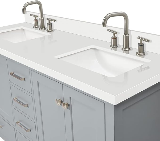 ARIEL Cambridge 60-inch Bathroom Vanity with Sink,Solid Wood, 1.5-inch Pure White Quartz Countertop & Backsplash, Double Rectangular Porcelain Sink, 4 Soft Closing Doors, 6 Dovetail Drawers, Grey