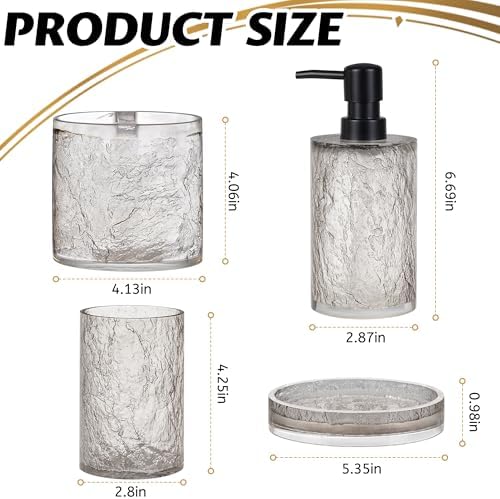 RQYIXI Resin 4-Piece Bathroom Accessories Set, Silver Crackle, Shatterproof