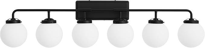 Bathroom Light Fixtures 45.3in 6-Light Matte Black Vanity Lights for Mirror | Dimmable Bathroom Lighting Fixtures over Mirror, ETL, E12 Base Max 60W, Modern Wall Sconce, Milky White Glass Ball Shades