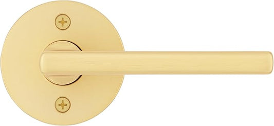 Kwikset Halifax Dummy Door Handle, Single Sided Lever for Closets, French Double Doors, and Pantry, Satin Brass Non-Turning Reversible Interior Push/Pull Lever, with Microban Protection