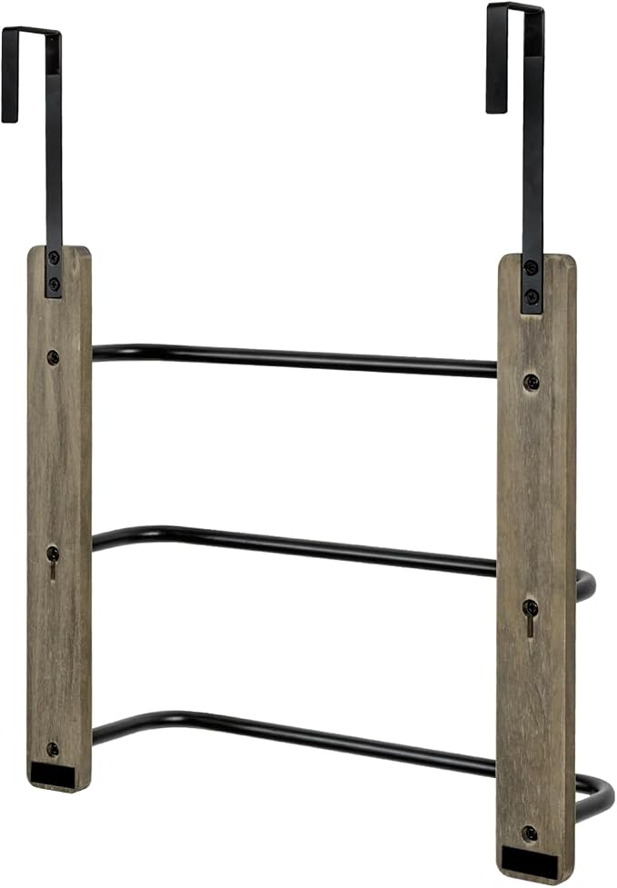 MyGift Over The Door Towel Rack for Bathroom, Vintage Gray Weathered Solid Wood 3 Tier Matte Black Metal Bars, Space Saving Hand Towel Holder, Over Shower Door Towel Drying Rack for Bath Towels