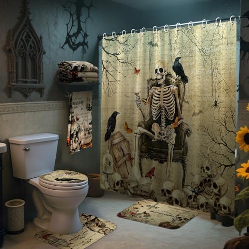 FuWeave 8 Pcs Gothic Shower Curtain Set for Bathroom Include Vintage Skeleton Towels Non Slip Skull Rugs Toilet Lid Cover Spooky Spider Web Bath Mat and 12 Hooks for Gothic Bathroom Decor