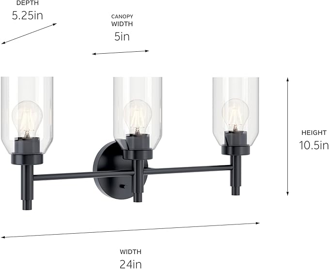 Kichler Madden 3-Light Vanity with Clear Glass in Black, Sloped Ceiling Compatible, for Single Vanity in Bathroom (10.5" x 24"), 55185BK