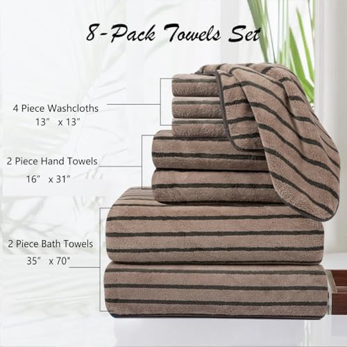 8 Pcs Brown Cabana Stripe Large Bath Towel Set-2 Bathroom Towels,2 Hand Towels,4 Washcloths Lightweight Soft Microfiber Bath Sheet Absorbent Shower Towel Quick Dry Beach Chair Spa Gym Hotel Towels