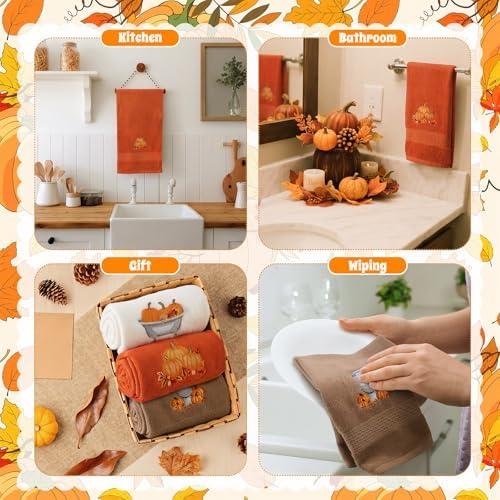 FuWeave 3 Pcs Brown Orange Fall Pumpkin Hand Towels for Bathroom