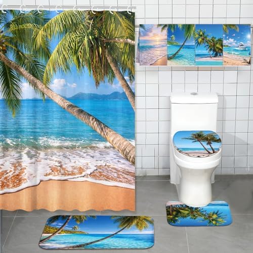 FuWeave 8 Pcs Tropical Beach Shower Curtain Set Summer Palm Tree Bathroom Decor Sea Ocean Waterproof Bathroom Accessories Shower Curtain Sets with Towels Carpet Bath Mat Toilet Rugs and 12 Hooks
