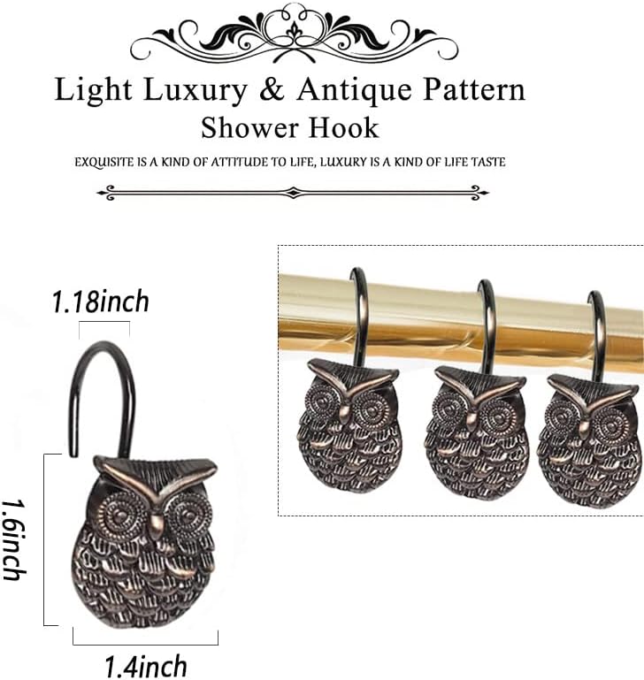 Gracelife 12Pcs Owl Design Shower Curtain Hooks Home Fashion Zinc Alloy Decorative Rust Proof Shower Curtain Hooks Hangers for Bathroom Living Room Bedroom