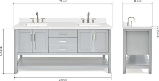 ARIEL Hutton 72-inch Bathroom Vanity with Sink,Solid Wood, 1.5-inch Pure White Quartz Countertop & Backsplash, Double Rectangular Porcelain Sink, 4 Soft Closing Doors, 3 Dovetail Drawers, Grey