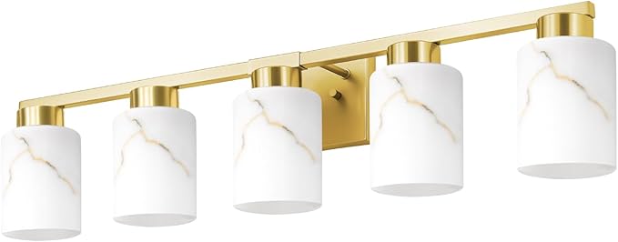 5-Light Bathroom Light Fixtures, Modern Vanity Lights, Gold Metal Wall Lamp with White Marble Glass for Bathroom, Mirror, Living Room, Bedroom, Cabinet, Porch, Hallway, E26 Base