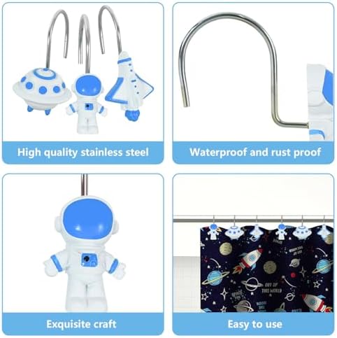 12-Piece Outer Space Galaxy Rocket Planet Shower Curtain Hooks