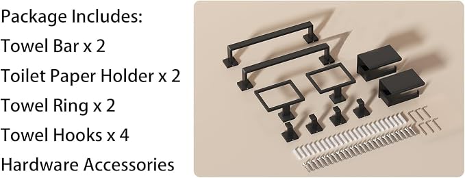 10-Piece Square Bathroom Hardware Set 24" Towel Bar X2, Toilet Paper Holders with Shelves X2, Towel Hooks X4, 2X Towel Rings X2 Bathroom Accessories (Matte Black-24inch)
