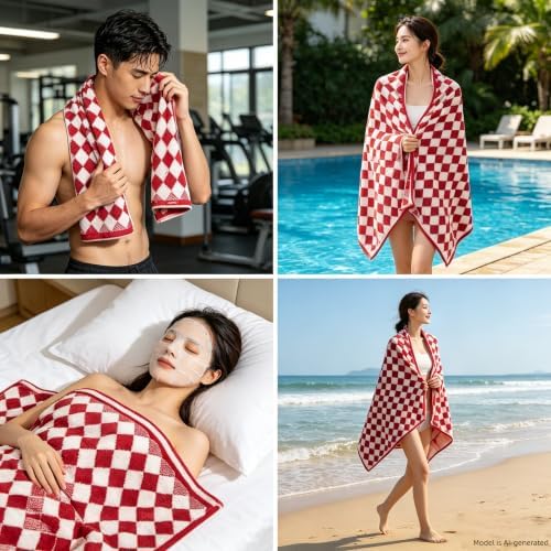 2 Pack Microfiber Bath Towels, 27×55 Inches Large Soft Quick Dry Shower Towels, Lightweight Absorbent Plaid Checkered Bath Towel Set for Bathroom, Travel, Pool, Gym, Home Use