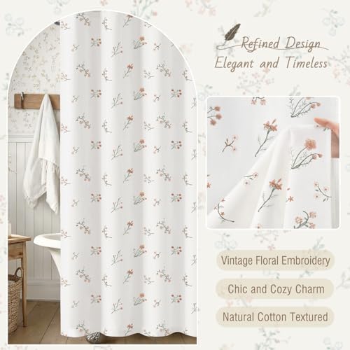 Floral Farmhouse Vintage Cotton Shower Curtain Embroidered Textured 72Wx72H