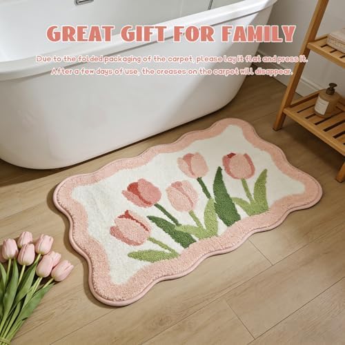 Pink Tulip Bath Mat 32x20, Soft Fluffy Fresh Flowers Bathroom Rug