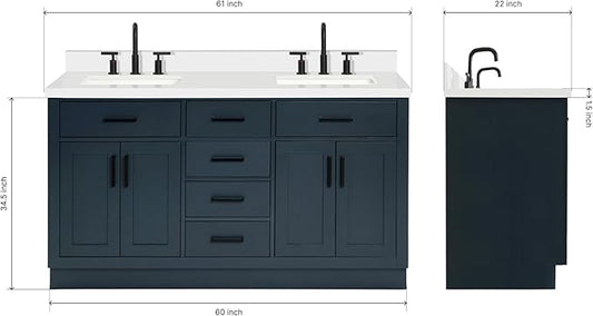 ARIEL Hepburn 60-inch Bathroom Vanity with Sink,Solid Wood, 1.5-inch Pure White Quartz Countertop, Double Rectangular Porcelain Sink, 4 Soft Closing Doors, 6 Dovetail Drawers, Midnight Blue
