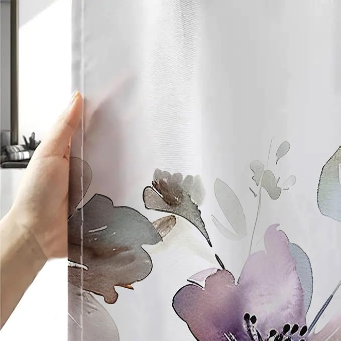 Sanzugh Purple Floral Shower Curtain, Cute Boho Watercolor Flower Wildflower Leaves Butterfly White Fabric Shower Curtains Set for Bathroom Decorative with Hooks 60 X 72 inch Spring Bath Decor
