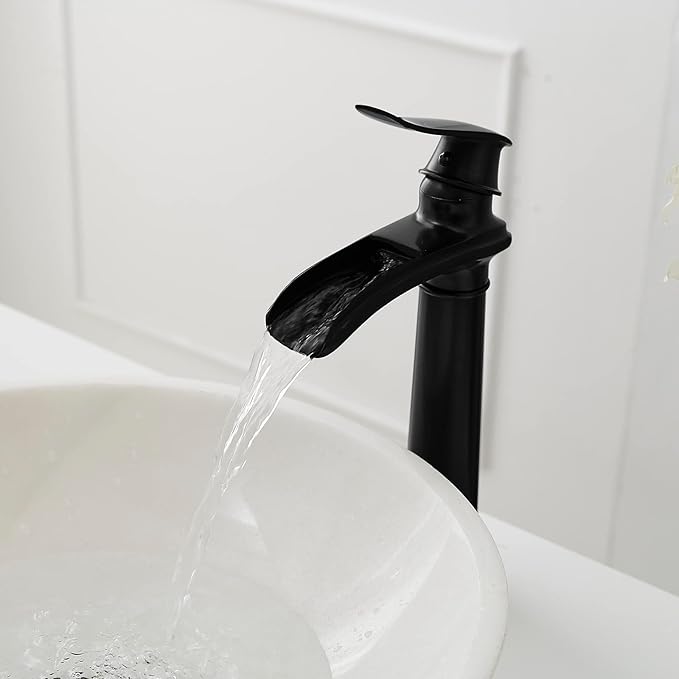 BWE Vessel Sink Faucet Waterfall Matte Black Bathroom Faucets Single Hole Single Handle Bathroom Sink Faucet Tall Vessel Faucet with Pop Up Drain and Water Supply Line
