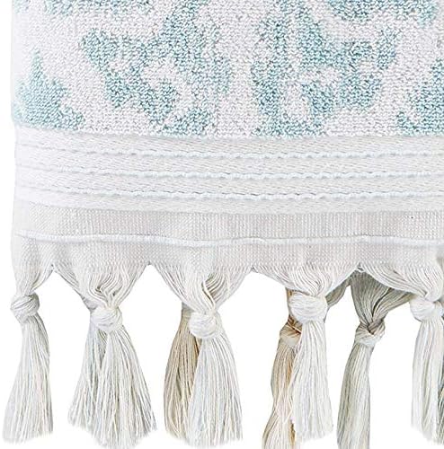 SKL Home Mirage Fringe Hand Towel Set-2pc, 100% Turkish Cotton, Aqua | 640 GSM weight. Spa-level quality. Soft & absorbent, reversible jacquard. For the bathroom, kitchen, bar or any sink space.